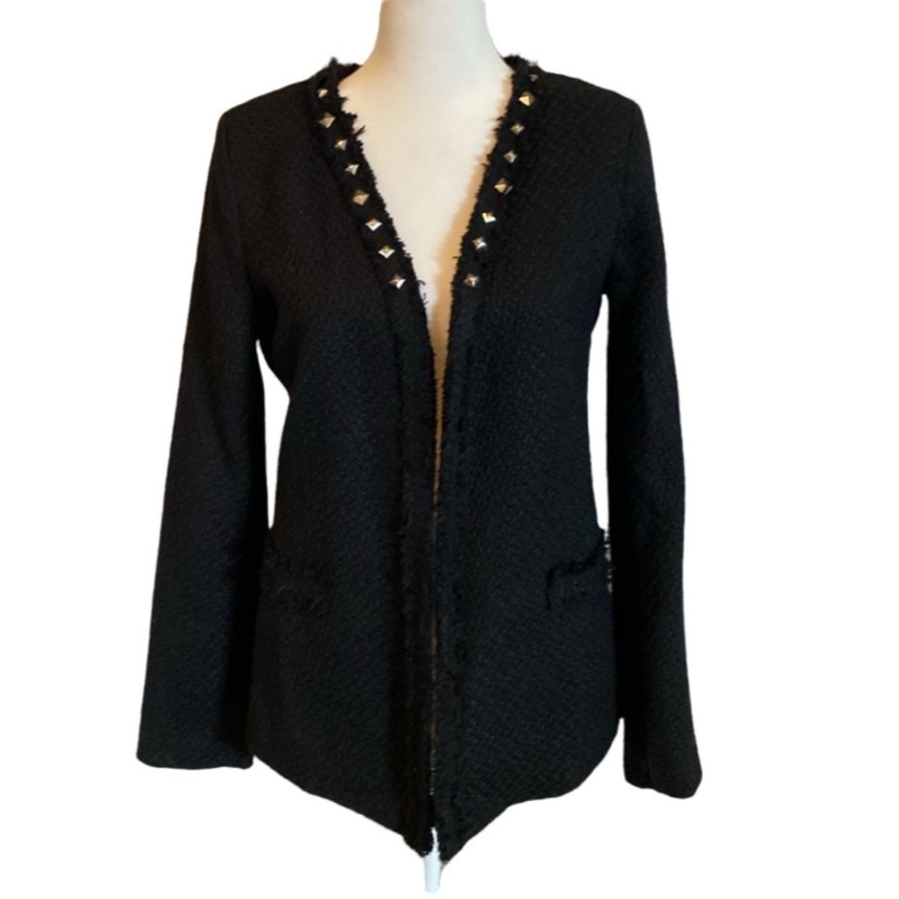 Monteau Silver Studded Black Open Front Blazer With a Textured Fabric. Size S.